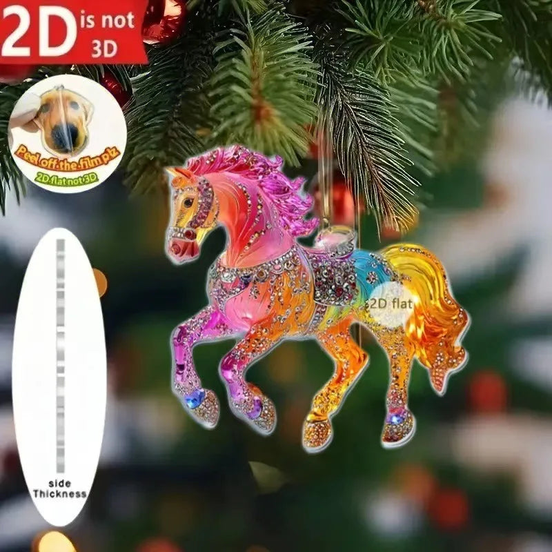 2D Acrylic Horse Car Rearview Mirror Pendant Charm Christmas Tree Ornament Party New Year Hanging Decoration