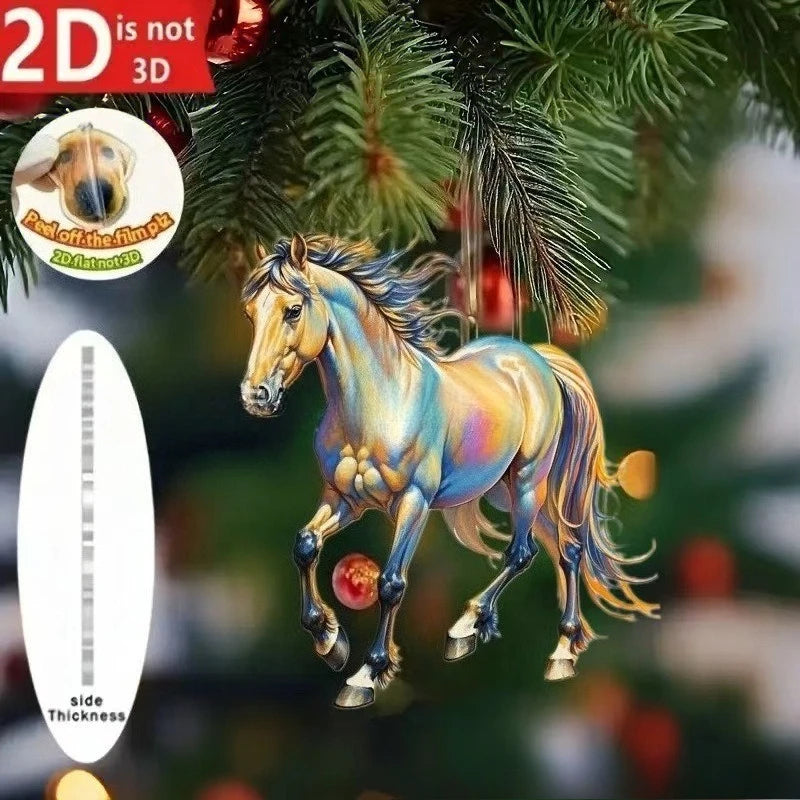 2D Acrylic Horse Car Rearview Mirror Pendant Charm Christmas Tree Ornament Party New Year Hanging Decoration