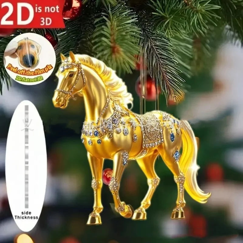 2D Acrylic Horse Car Rearview Mirror Pendant Charm Christmas Tree Ornament Party New Year Hanging Decoration