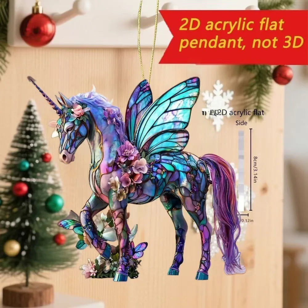 2D Acrylic Horse Car Rearview Mirror Pendant Charm Christmas Tree Ornament Party New Year Hanging Decoration