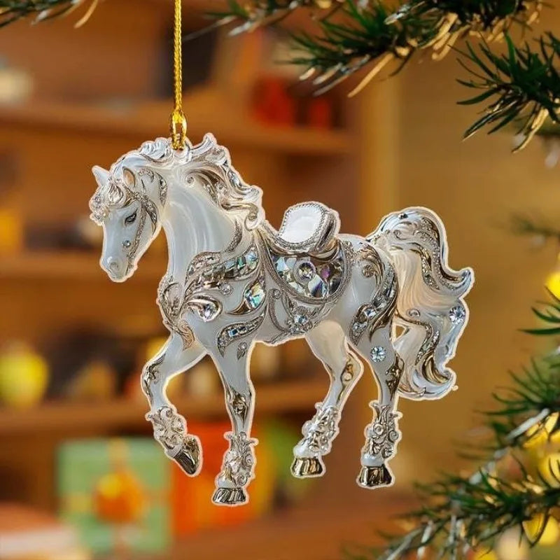 2D Acrylic Horse Car Rearview Mirror Pendant Charm Christmas Tree Ornament Party New Year Hanging Decoration