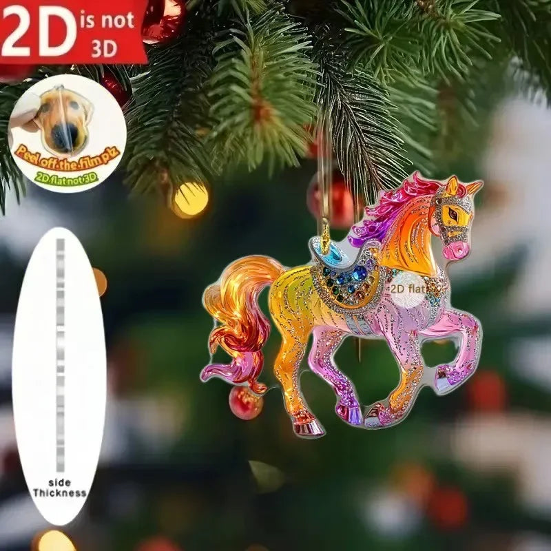 2D Acrylic Horse Car Rearview Mirror Pendant Charm Christmas Tree Ornament Party New Year Hanging Decoration