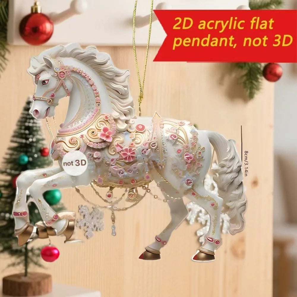 2D Acrylic Horse Car Rearview Mirror Pendant Charm Christmas Tree Ornament Party New Year Hanging Decoration