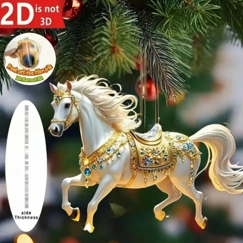 2D Acrylic Horse Car Rearview Mirror Pendant Charm Christmas Tree Ornament Party New Year Hanging Decoration