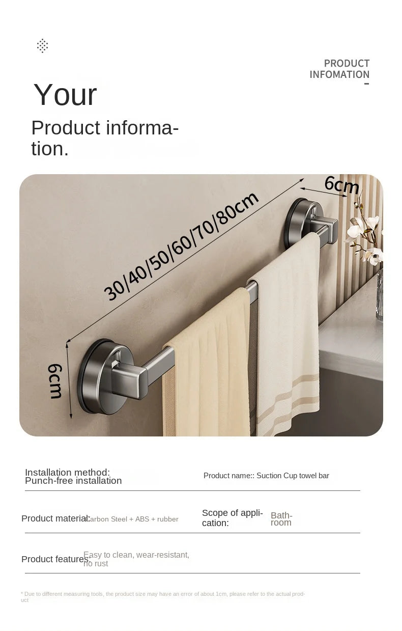 AILIHU Bathroom Suction Cup Towel Rack Non-perforated Storage Rack Wall-mounted Single-rod Bath Towel Storage Rack