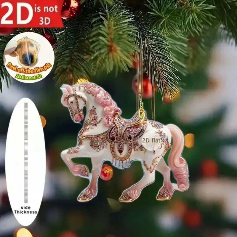 2D Acrylic Horse Car Rearview Mirror Pendant Charm Christmas Tree Ornament Party New Year Hanging Decoration