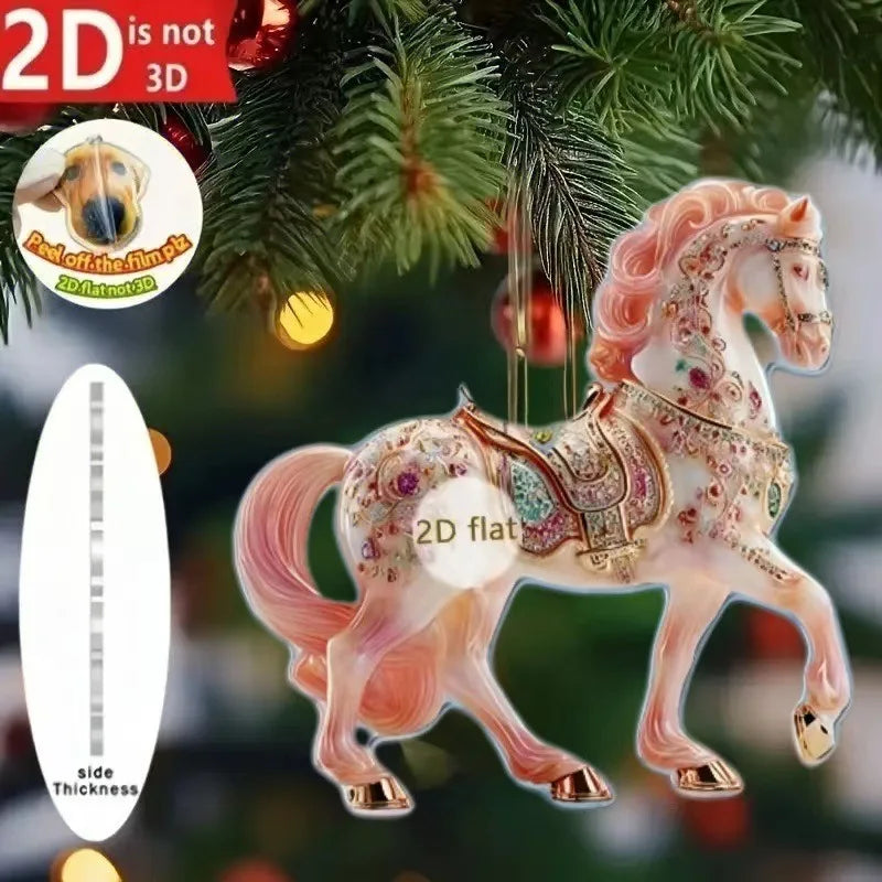 2D Acrylic Horse Car Rearview Mirror Pendant Charm Christmas Tree Ornament Party New Year Hanging Decoration