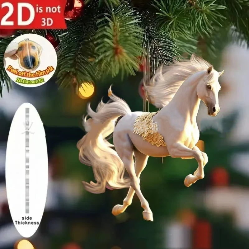 2D Acrylic Horse Car Rearview Mirror Pendant Charm Christmas Tree Ornament Party New Year Hanging Decoration