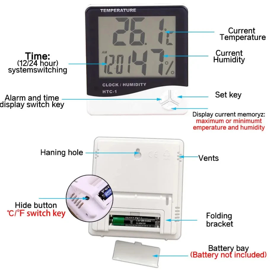 LCD Digital Temperature Humidity Meter HTC-2/HTC-1 Home Indoor Outdoor Hygrometer Thermometer Weather Station with Clock