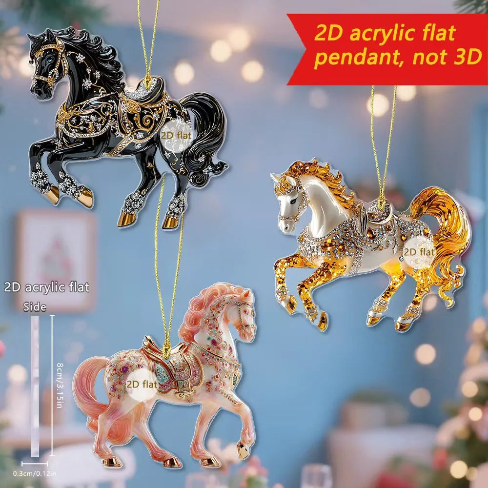 2D Acrylic Horse Car Rearview Mirror Pendant Charm Christmas Tree Ornament Party New Year Hanging Decoration