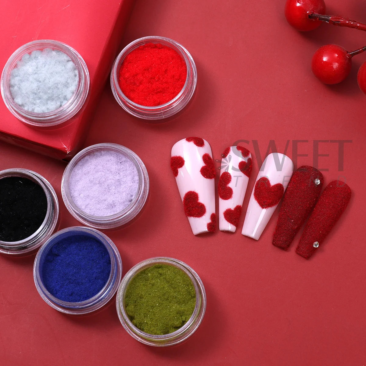 12pcs Valentine's Velvet Plush Nail Powder Luxury Sweater Sweet Design Random Glitter Dust New Year Accessories Manicure Decor