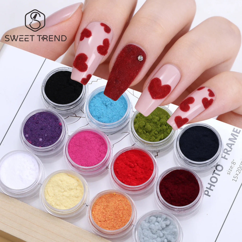 12pcs Valentine's Velvet Plush Nail Powder Luxury Sweater Sweet Design Random Glitter Dust New Year Accessories Manicure Decor