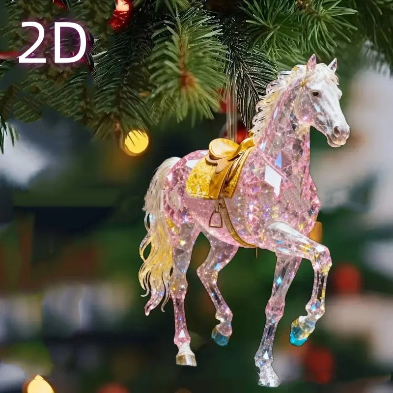 2D Acrylic Horse Car Rearview Mirror Pendant Charm Christmas Tree Ornament Party New Year Hanging Decoration